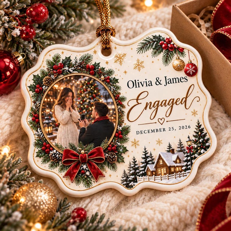Engaged Ornament with Photo, First Christmas Engaged Keepsake, Personalized Couple Names & Date, Custom Christmas Proposal Memory