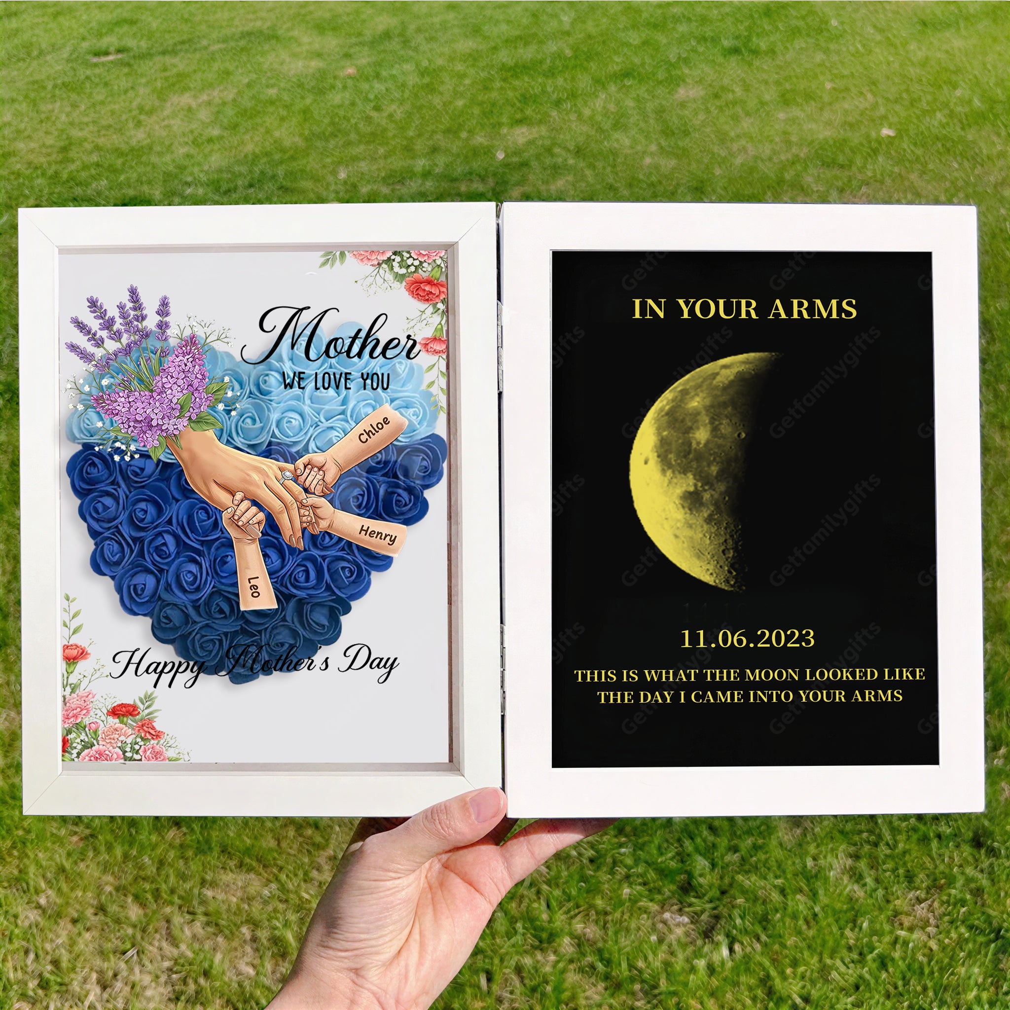 Personalized Mom Holding Hands Folding Flower Shadow Box with Moon Phase -Mother's Day Gift