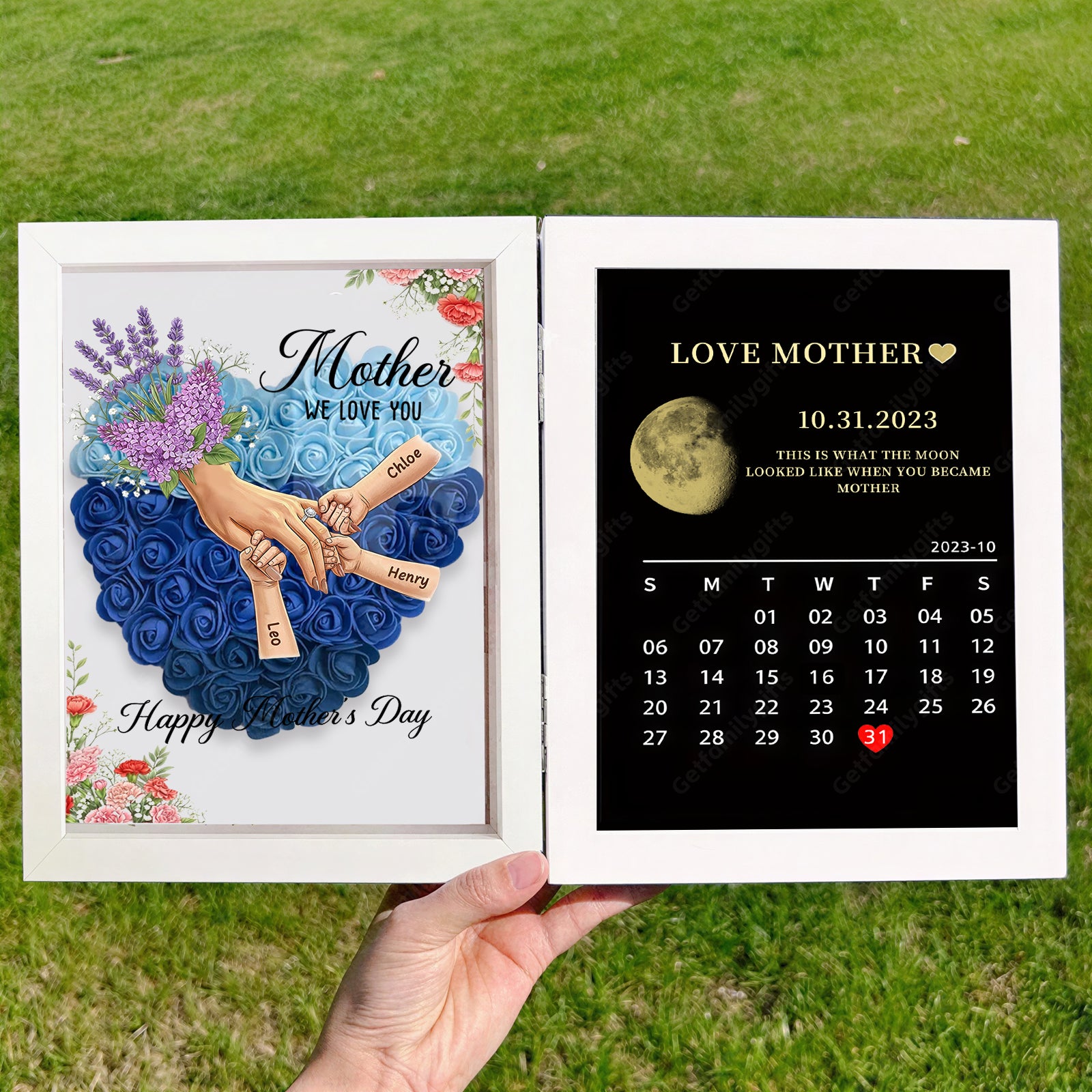 Personalized Mom Holding Hands Folding Flower Shadow Box with Moon Phase Calendar-Mother's Day Gift