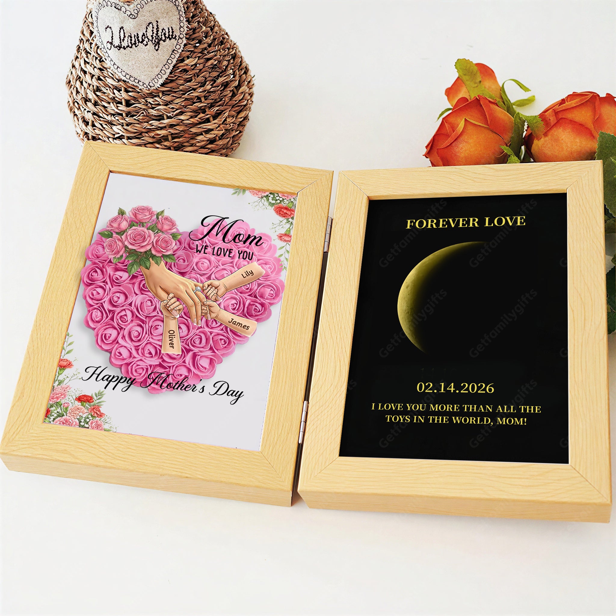 Personalized Mom Holding Hands Folding Flower Shadow Box with Moon Phase -Mother's Day Gift