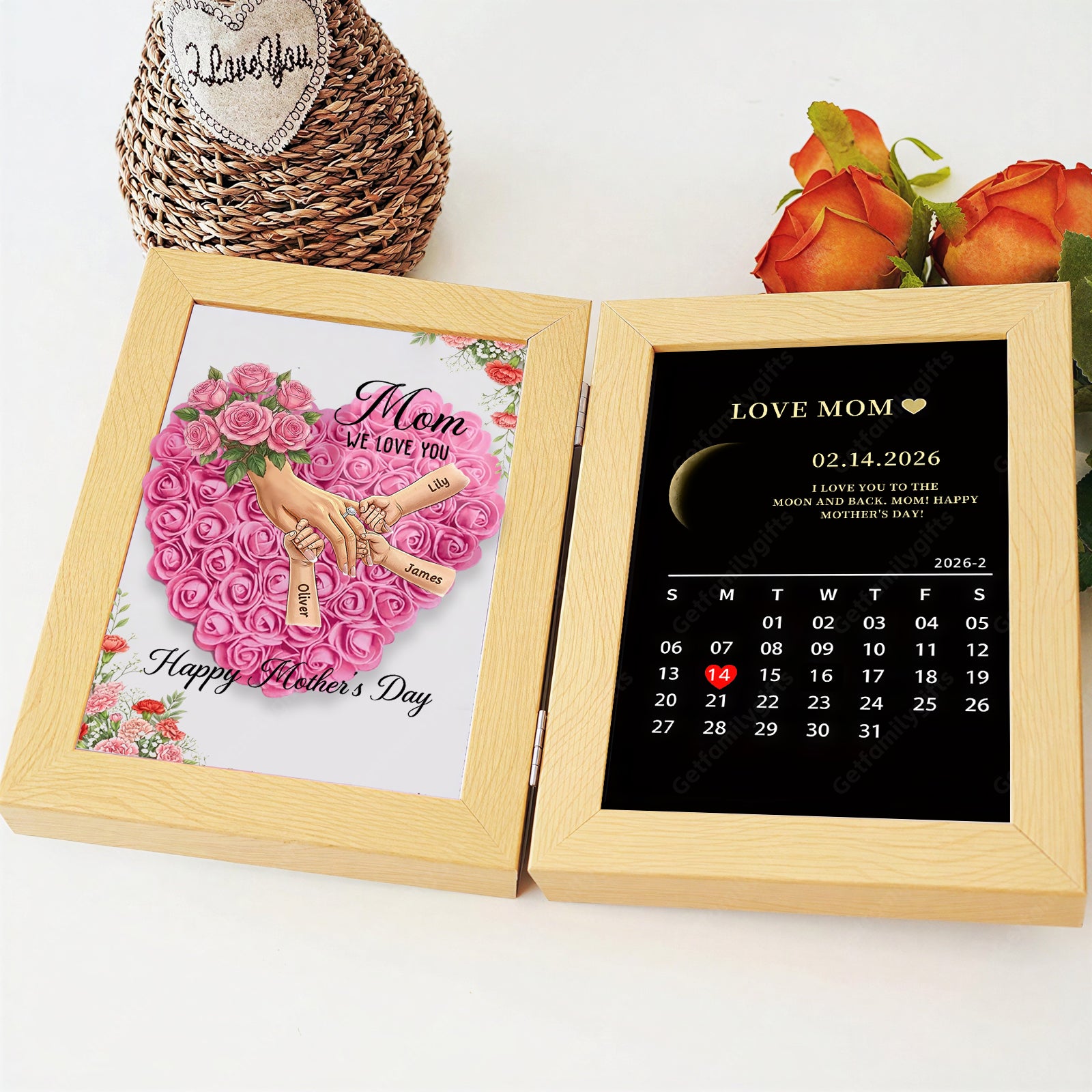Personalized Mom Holding Hands Folding Flower Shadow Box with Moon Phase Calendar-Mother's Day Gift