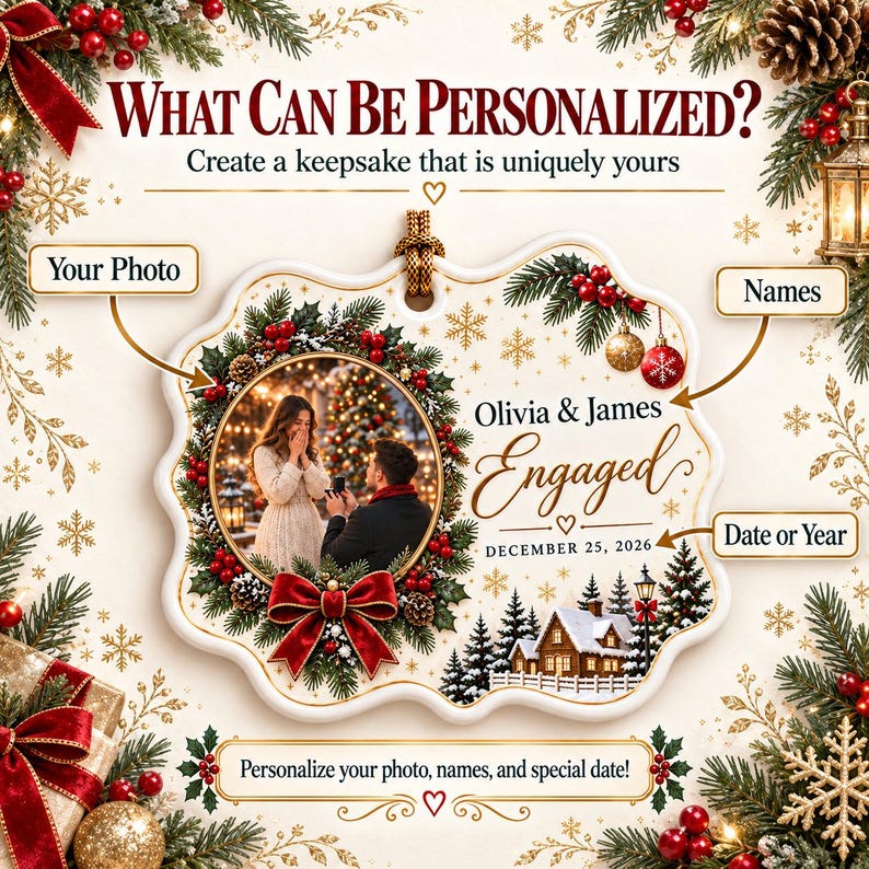Engaged Ornament with Photo, First Christmas Engaged Keepsake, Personalized Couple Names & Date, Custom Christmas Proposal Memory