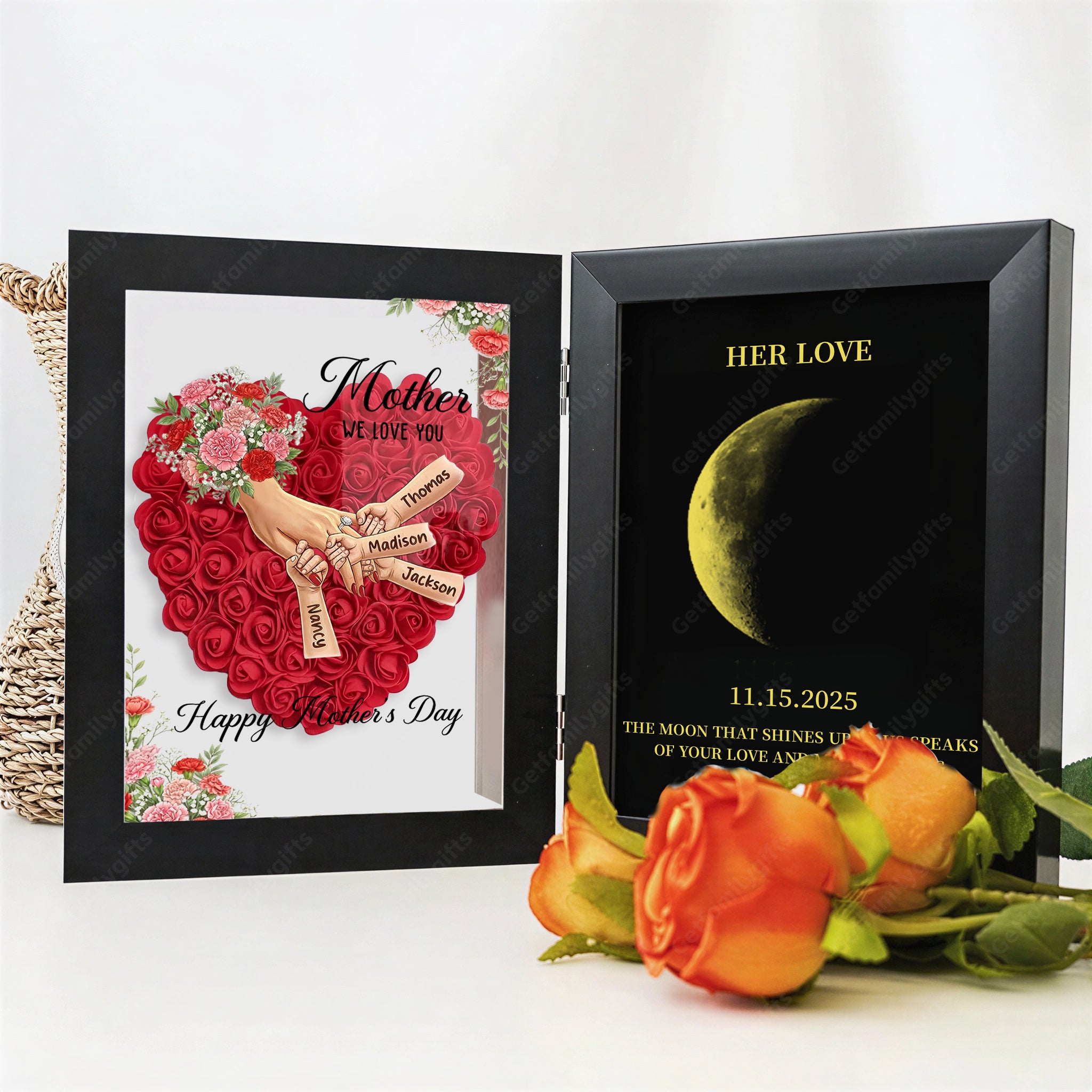 Personalized Mom Holding Hands Folding Flower Shadow Box with Moon Phase -Mother's Day Gift