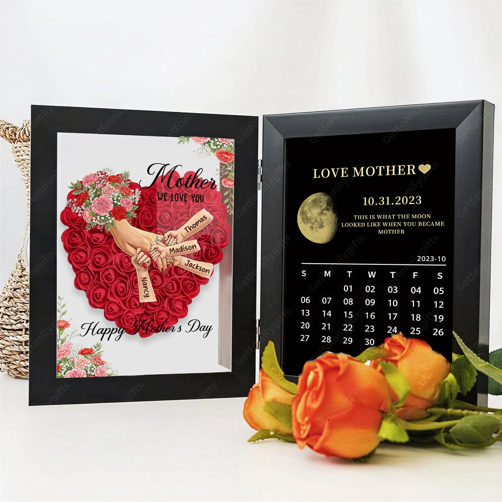 Personalized Mom Holding Hands Folding Flower Shadow Box with Moon Phase Calendar-Mother's Day Gift