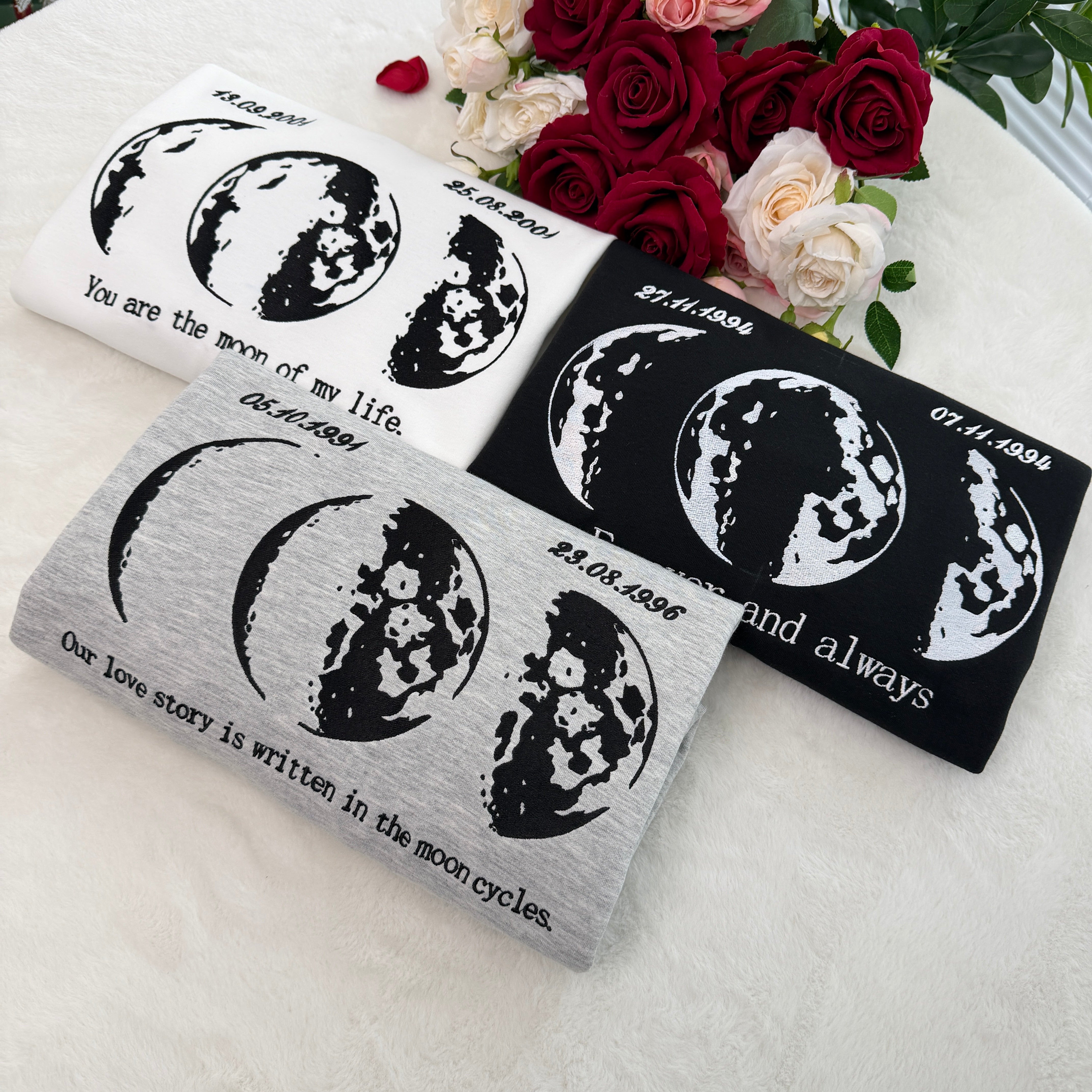 Custom Embroidered Couple Hoodie With Moon & Silhouette Design