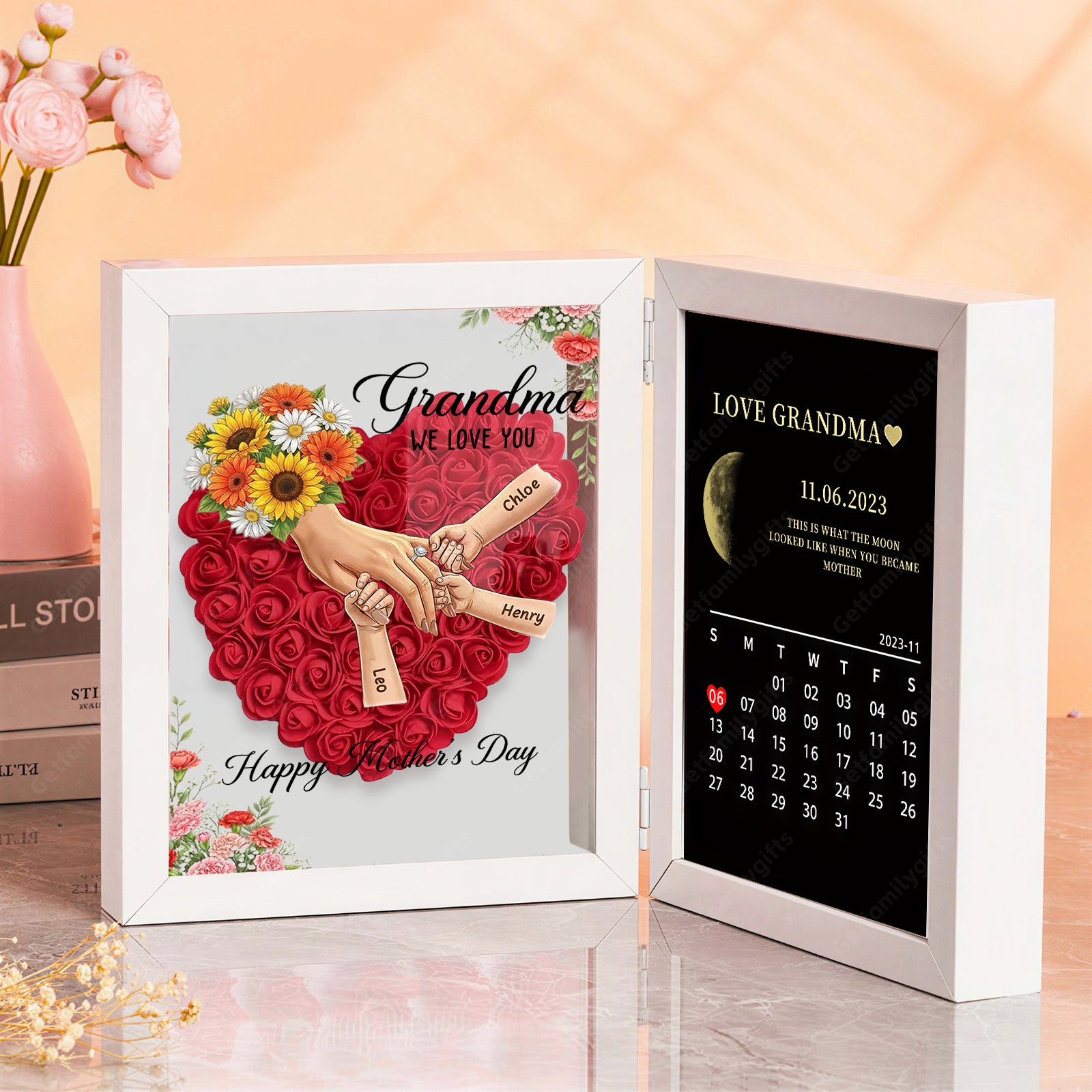 Personalized Mom Holding Hands Folding Flower Shadow Box with Moon Phase Calendar-Mother's Day Gift