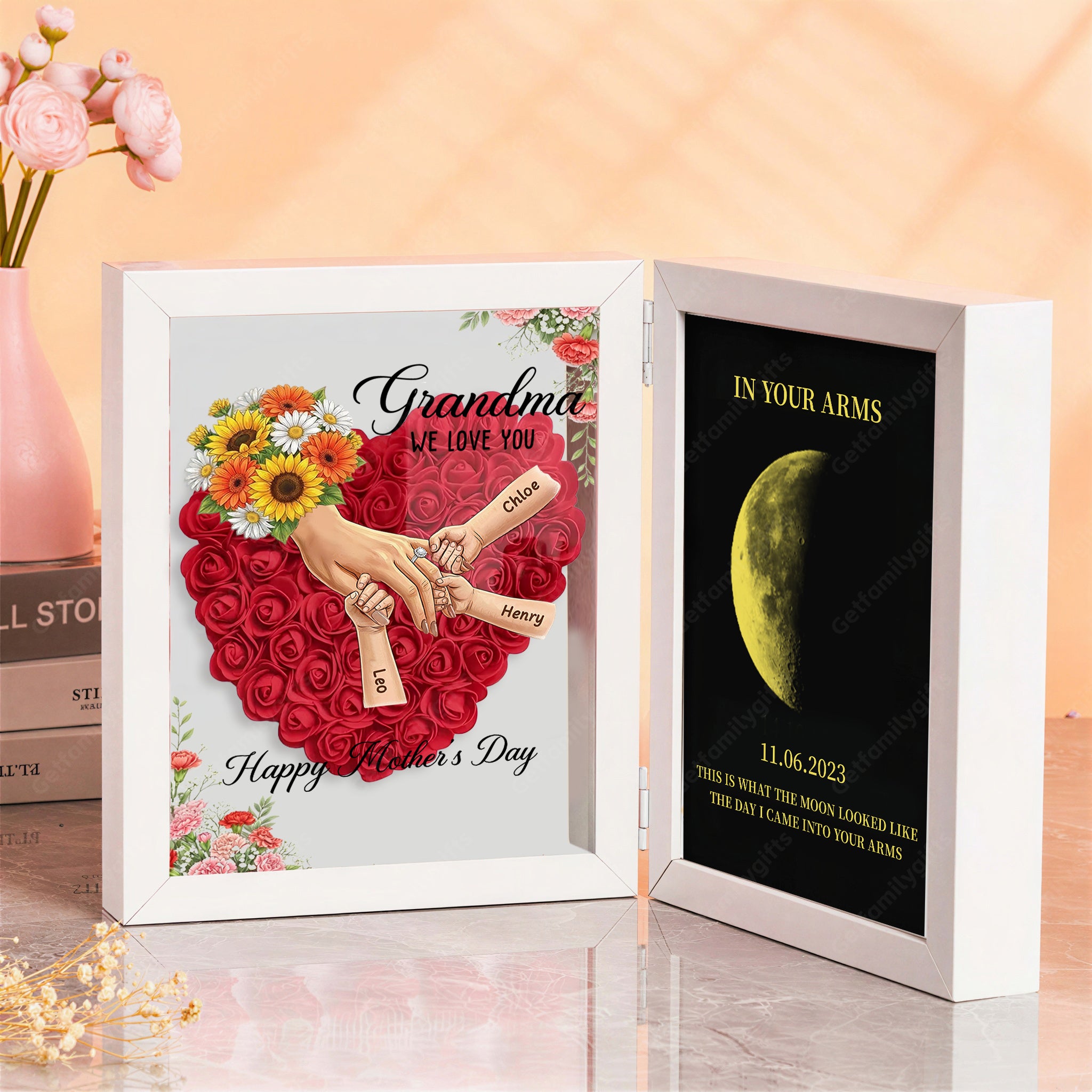 Personalized Mom Holding Hands Folding Flower Shadow Box with Moon Phase -Mother's Day Gift