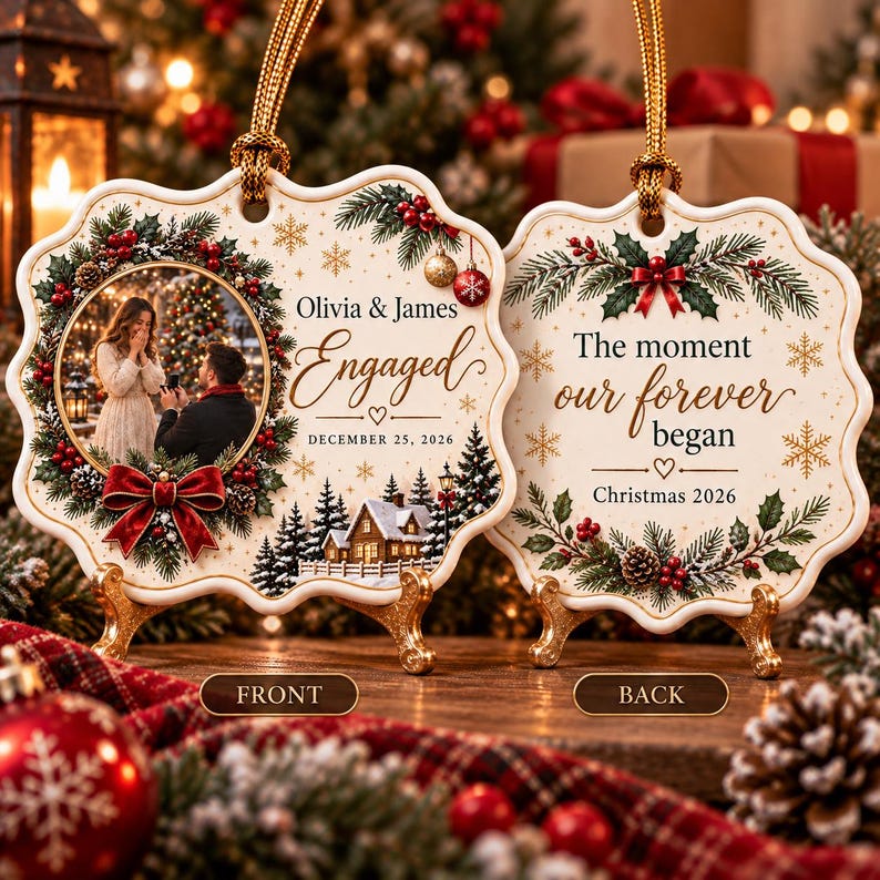 Engaged Ornament with Photo, First Christmas Engaged Keepsake, Personalized Couple Names & Date, Custom Christmas Proposal Memory