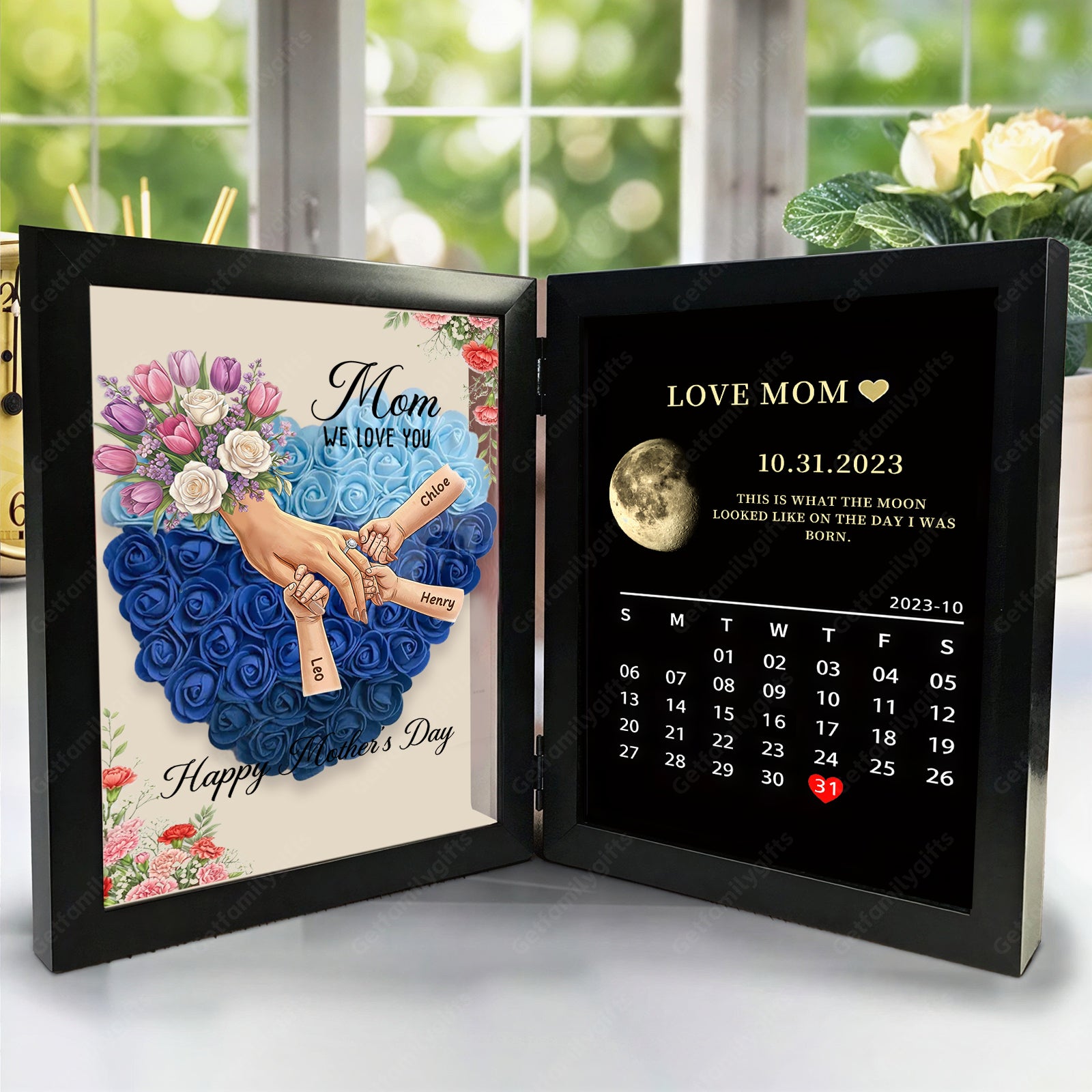 Personalized Mom Holding Hands Folding Flower Shadow Box with Moon Phase Calendar-Mother's Day Gift