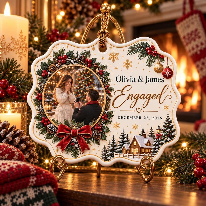 Engaged Ornament with Photo, First Christmas Engaged Keepsake, Personalized Couple Names & Date, Custom Christmas Proposal Memory