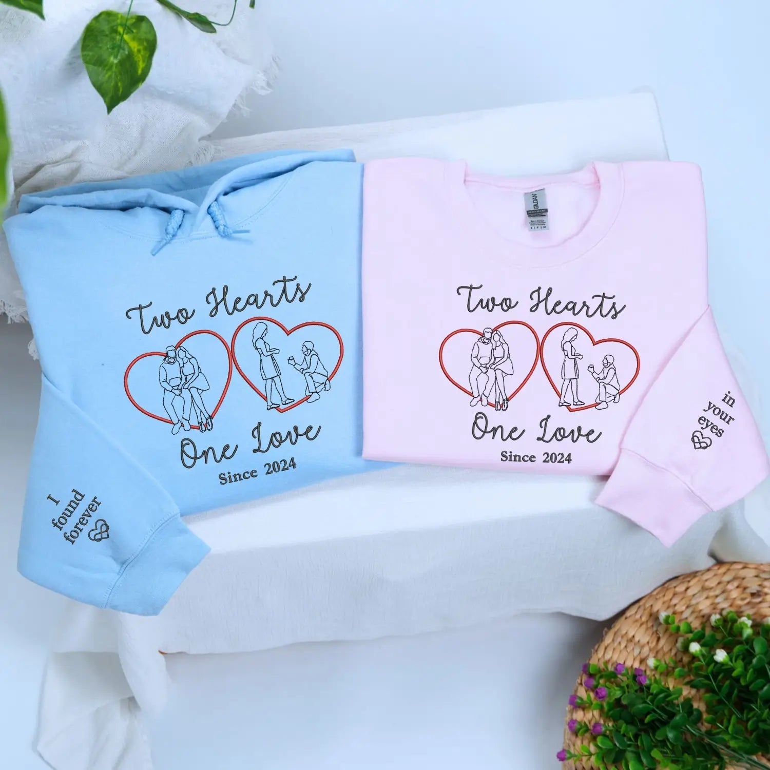 Custom Two Hearts One Love Sweatshirt or Hoodie with Embroidered Portrait from Photo