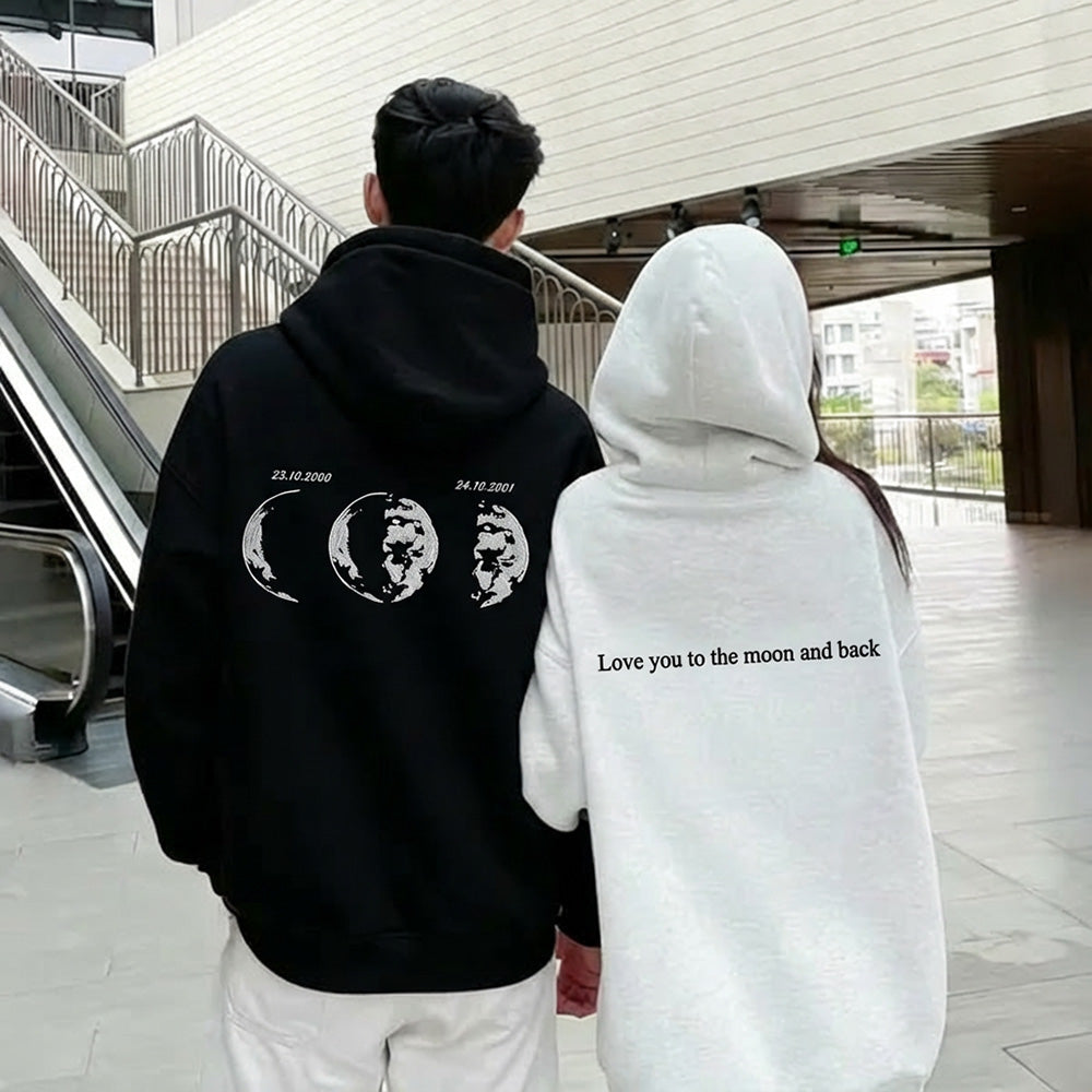 Custom Embroidered Couple Hoodie With Moon & Silhouette Design