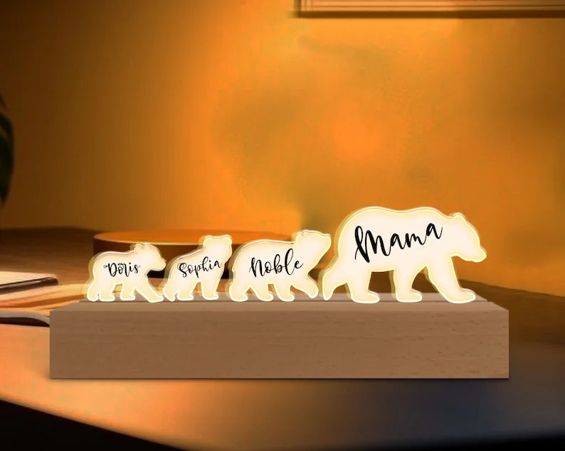 Personalized Bears Family Acrylic Night Light, Mama Bear LED Lamp,Mom Birthday Gift