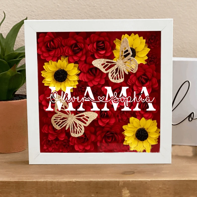 Mother’s Day Shadow Box, Mother’s Day Gift, Personalized Shadow Box, Gift for Mom, Mom with Kids Names Gift, Sunflower Shadow Box