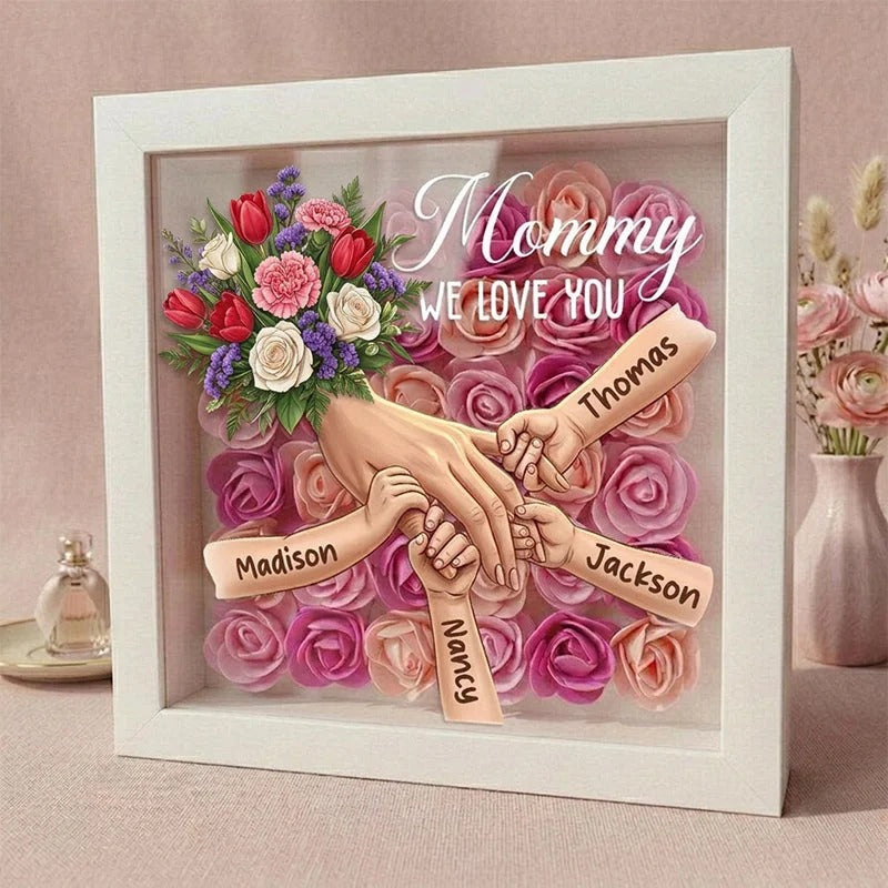 Tulips, White Roses & Carnations Personalized Mom Holding Hands Shadow Box – Custom Name Remembrance Frame, Mother’s Day In Loving Memory Gift