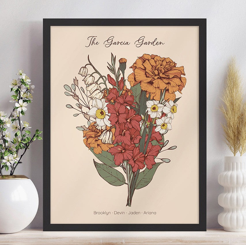 Custom Grandma's Garden Birth Flower Bouquet Art Print For Mother's Day