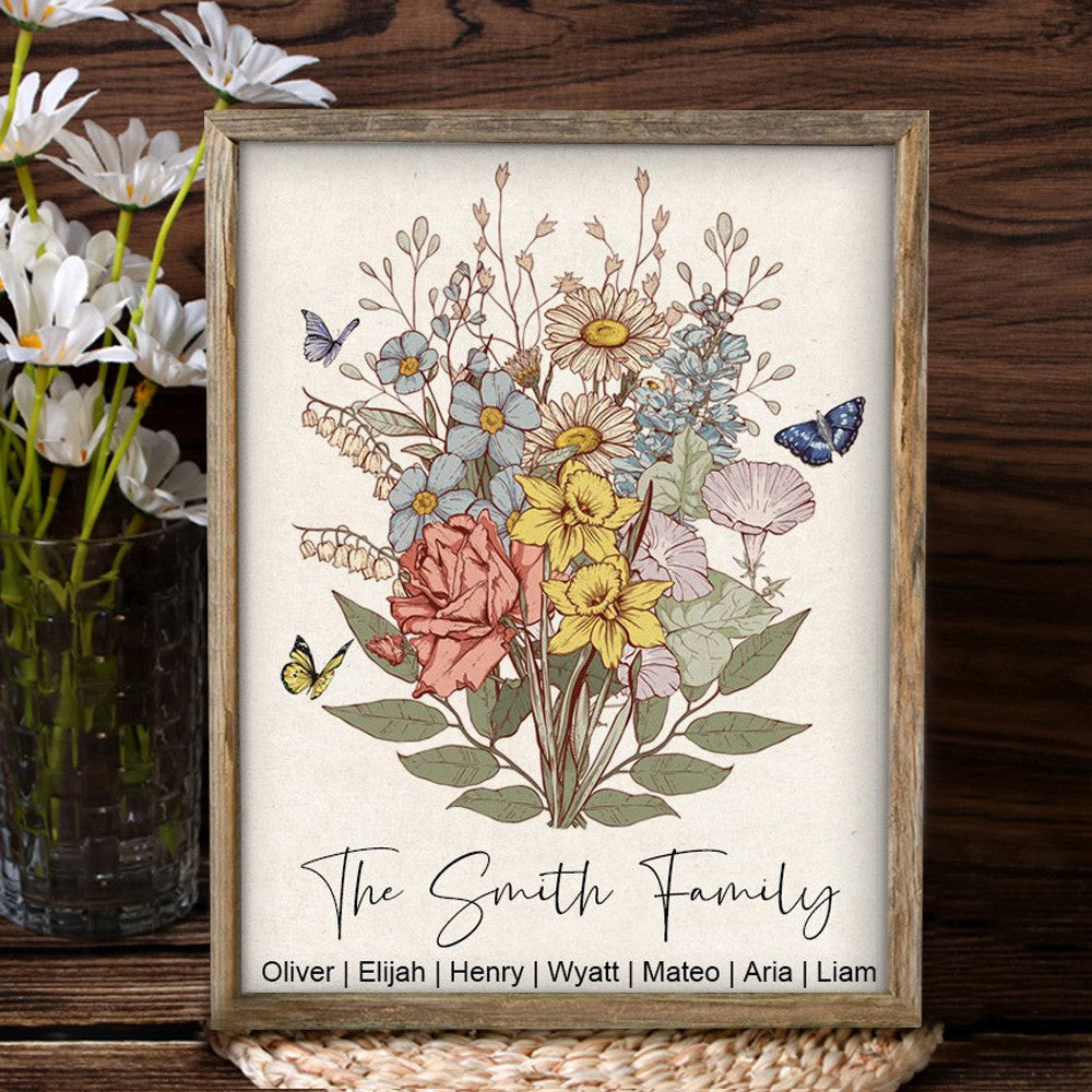Custom Nana's Garden Birth Flower Bouquet Art Frame with Kids Names for Mom Grandma