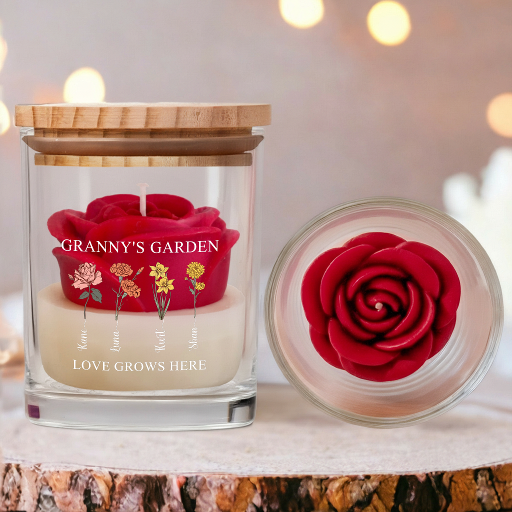 Personalized Birth Flower Soy Wax Candle – Custom Kids’ Names Gift for Mom, Mother’s Day Special