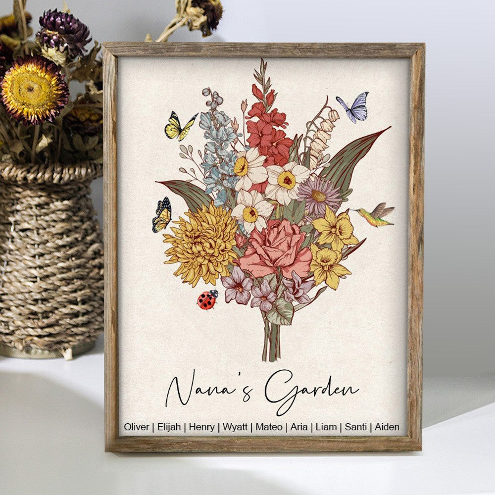 Custom Nana's Garden Birth Flower Bouquet Art Frame with Kids Names for Mom Grandma