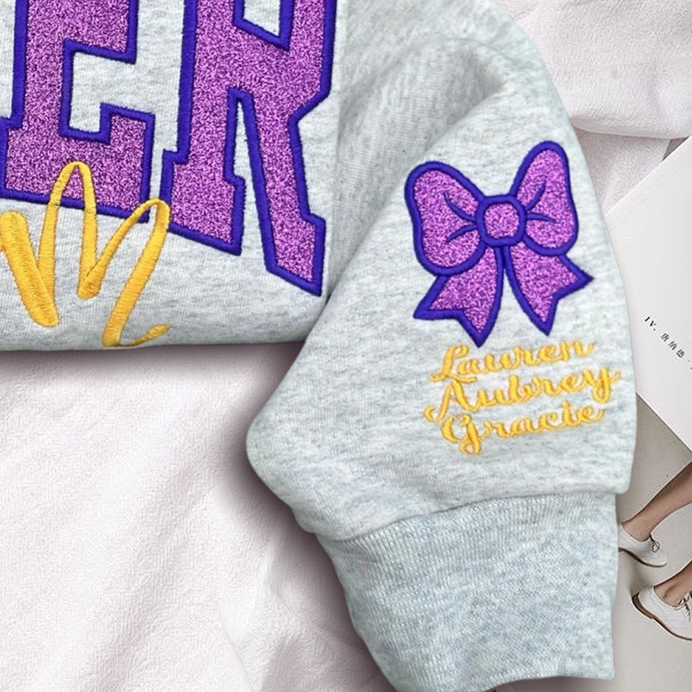 Embroidered Glitter Cheer Mom Sweatshirt With Kids Names On The Sleeve