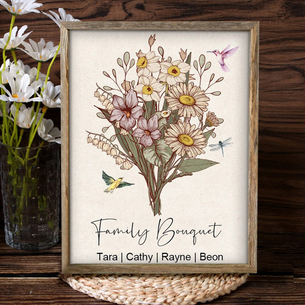 Custom Nana's Garden Birth Flower Bouquet Art Frame with Kids Names for Mom Grandma