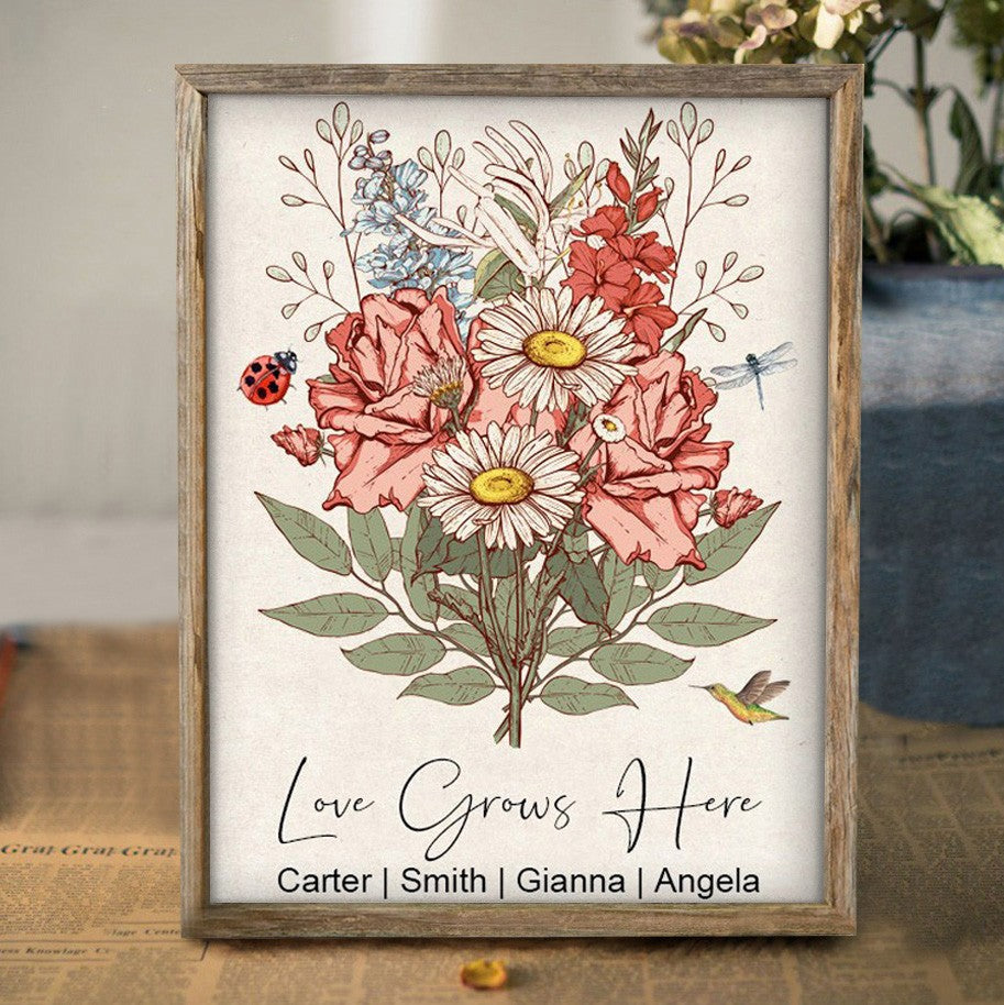 Custom Nana's Garden Birth Flower Bouquet Art Frame with Kids Names for Mom Grandma