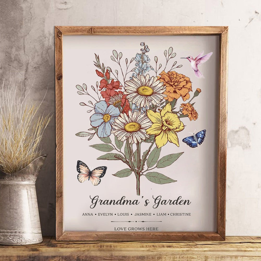 Custom Nana's Garden Birth Flower Bouquet Art Frame with Kids Names Gift for Mom Grandma