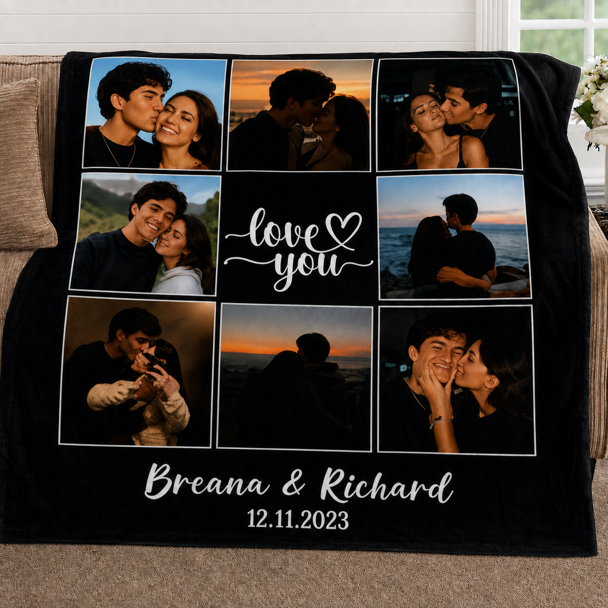 Custom 8-Picture Couple Photo Blanket, Personalized Collage Blanket with Custom Names and Date for Him & Her