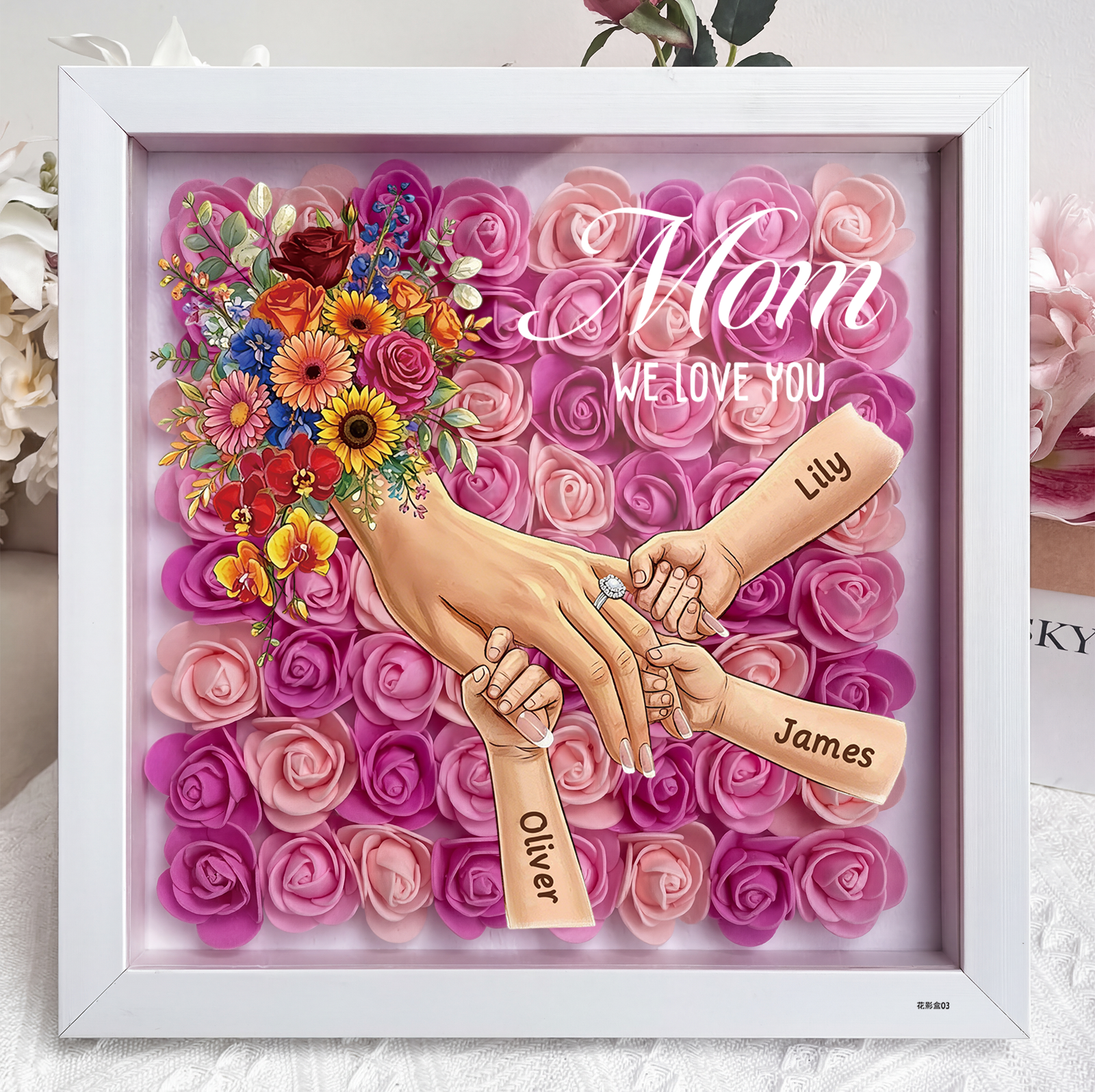 Mommy Holding Hands LED Shadow Box With Ring & Manicure – Custom Kids Names Floral Heart Frame Light Gift for Mom & Grandma | Mother’s Day Gift