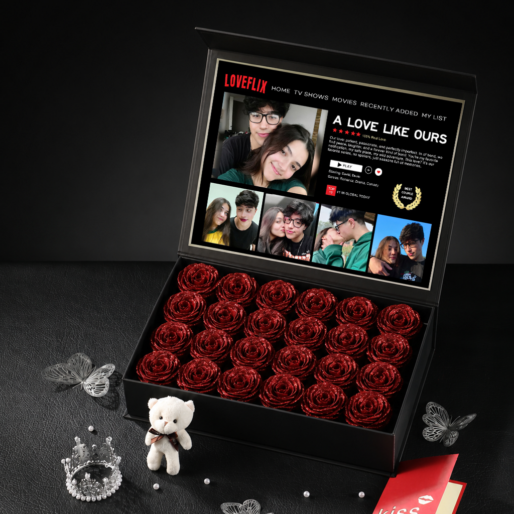 Custom LOVEFLIX Keepsake Box With Glitter Roses – Personalized Loveflix‑Style Couple Gifts