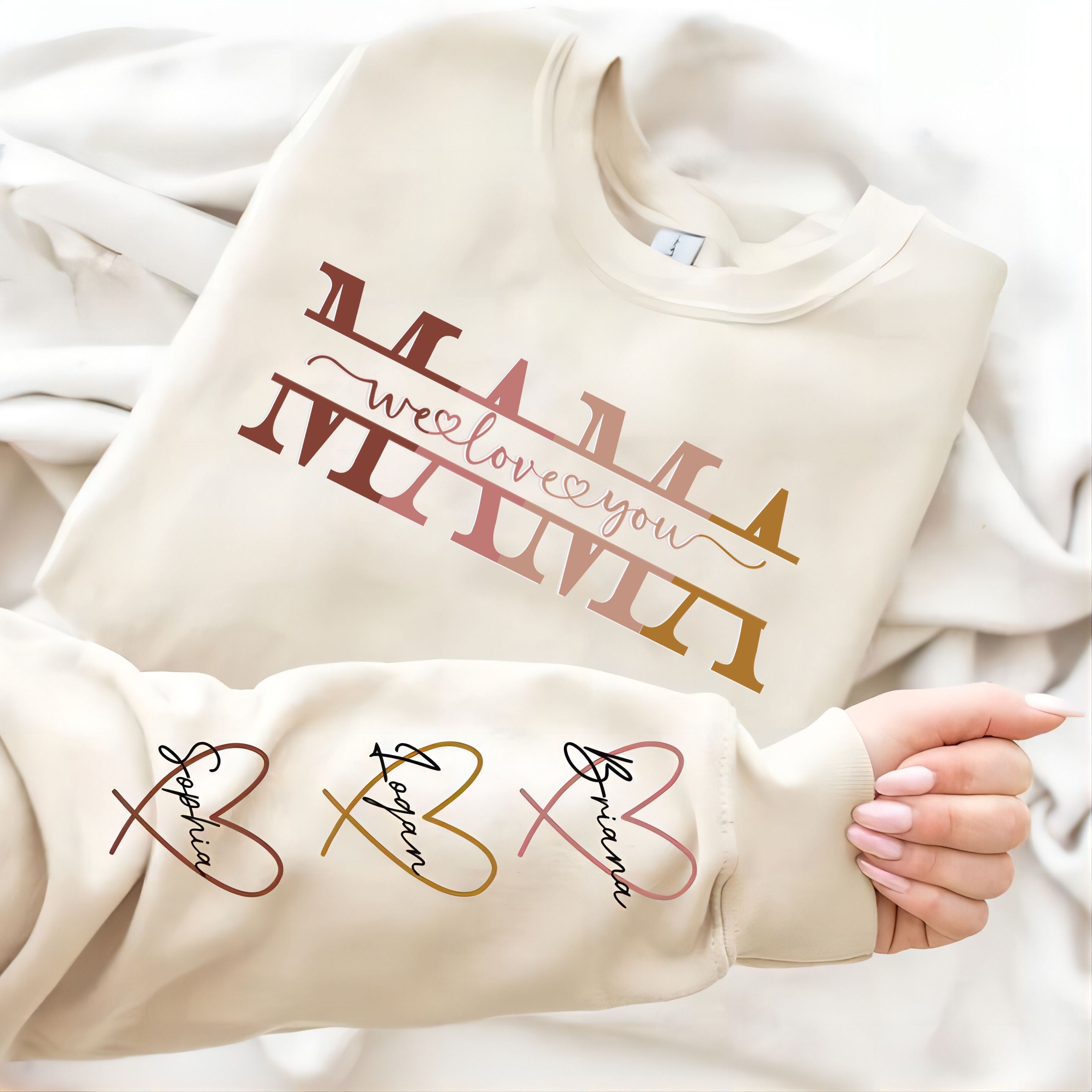 Personalized Wear Heart On Sleeve Mama we love you Sweatshirt with Kid Names on Sleeves-Mother's Day Sale