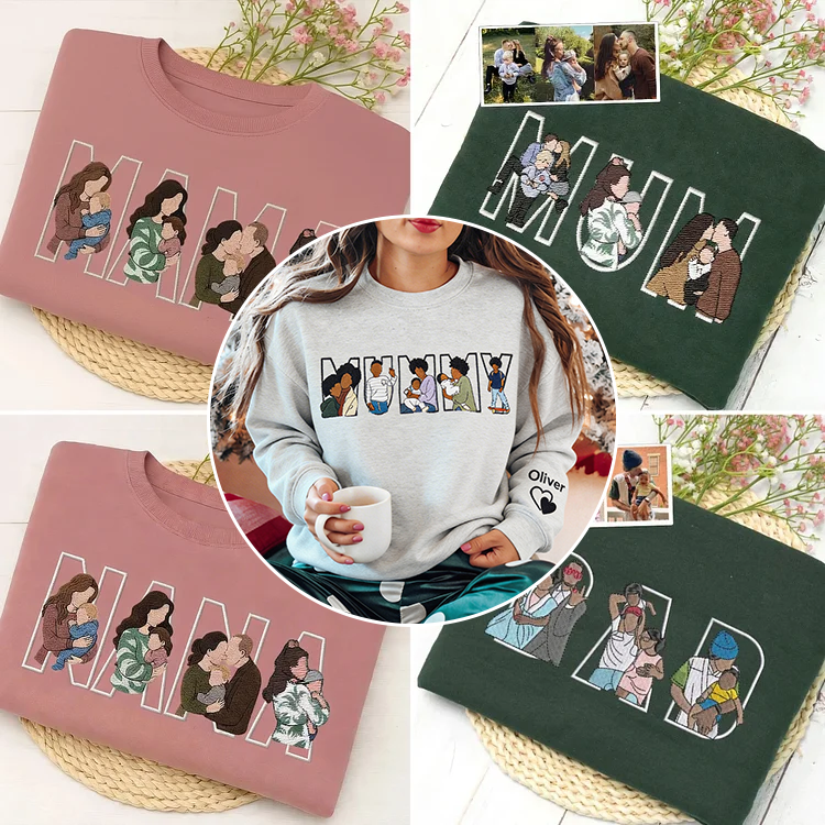 Custom Photo Portrait Embroidery Sweatshirt/Hoodie, Gift For Dad/Mama/Family