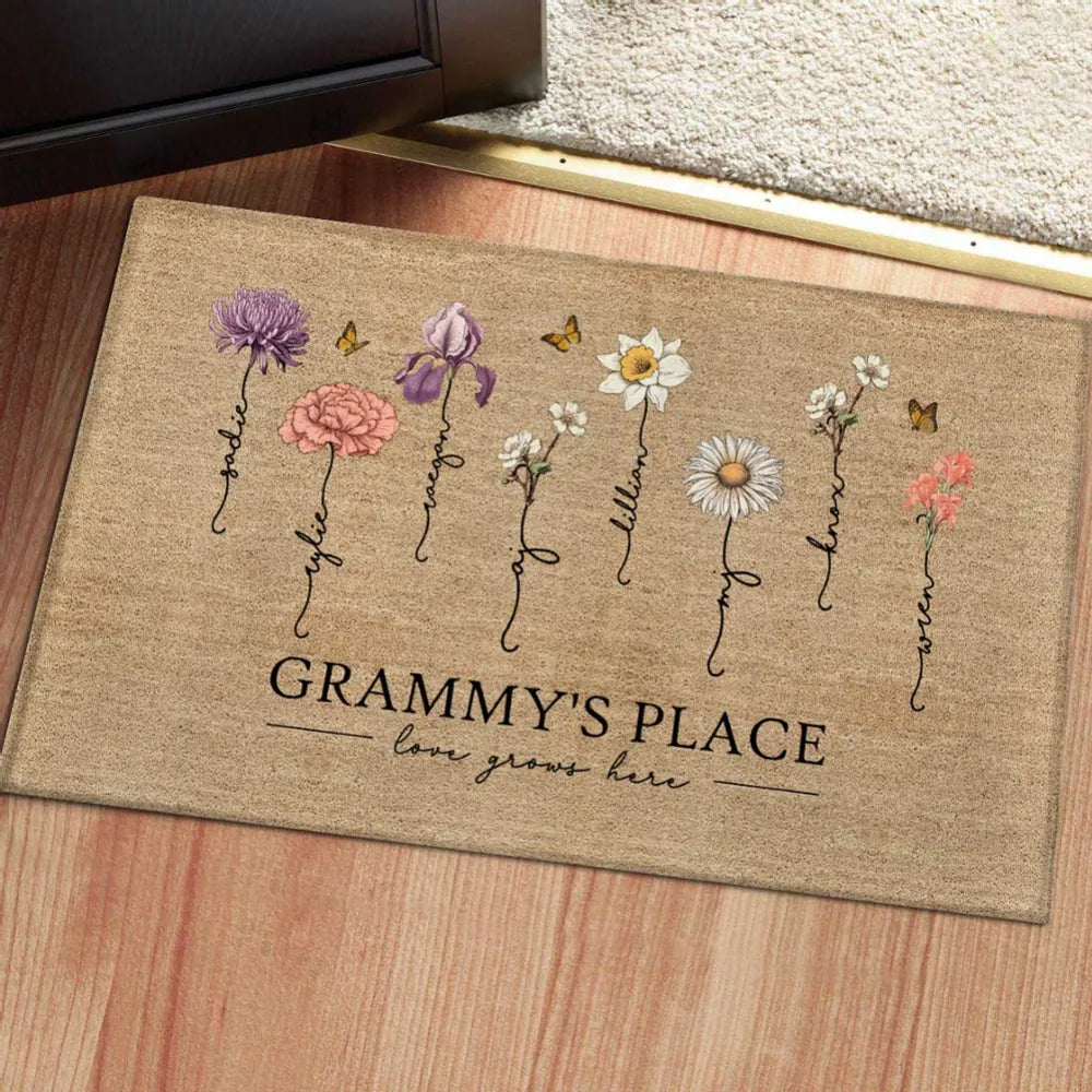 Grandma‘s Garden Love Grows Here Birth Flowers Personalized Name Doormat, Mother's Day Gift