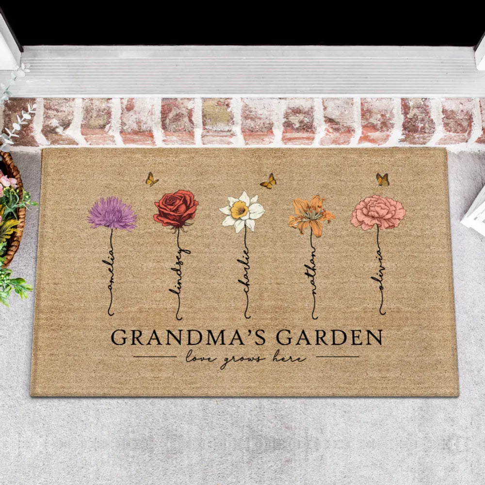 Grandma‘s Garden Love Grows Here Birth Flowers Personalized Name Doormat, Mother's Day Gift