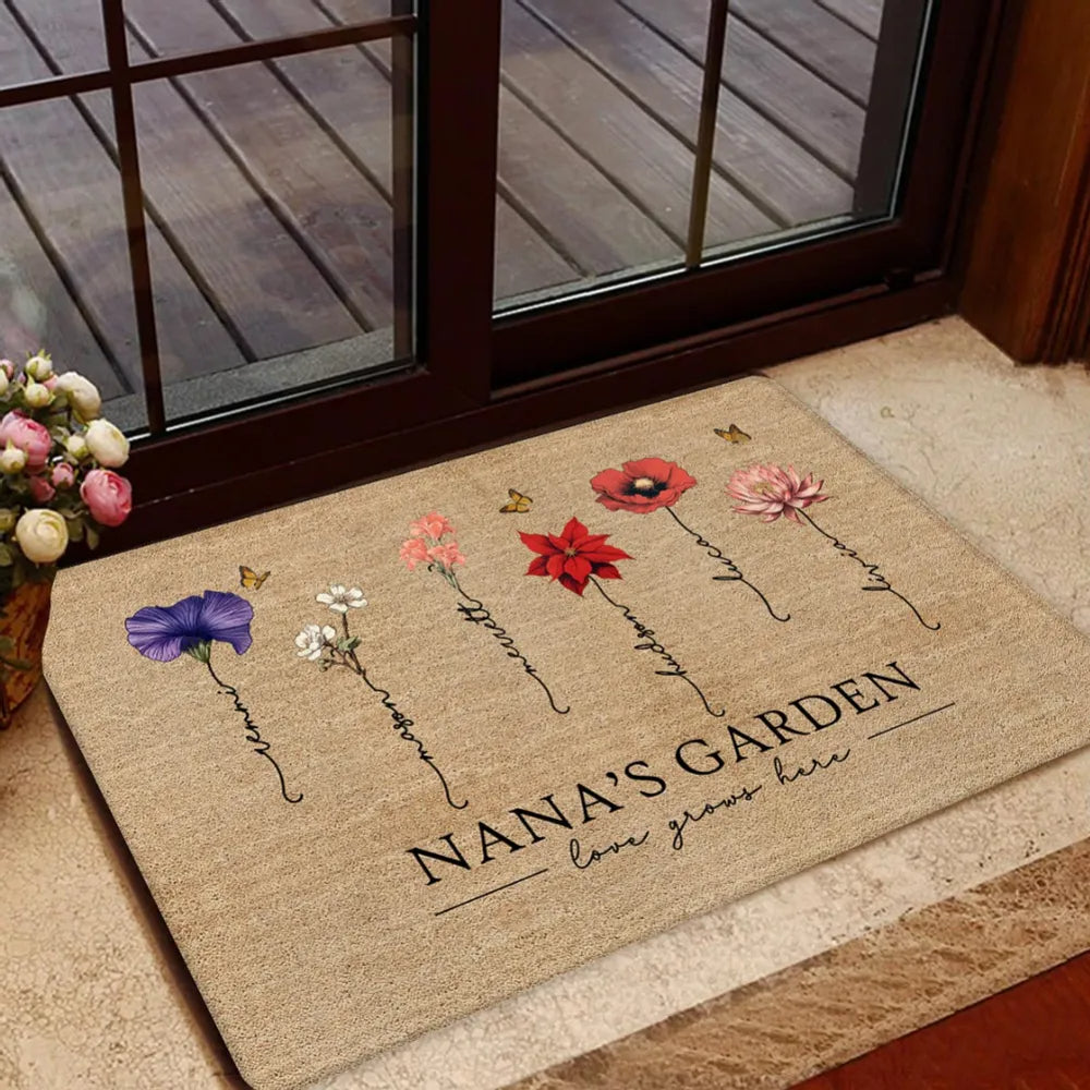 Grandma‘s Garden Love Grows Here Birth Flowers Personalized Name Doormat, Mother's Day Gift
