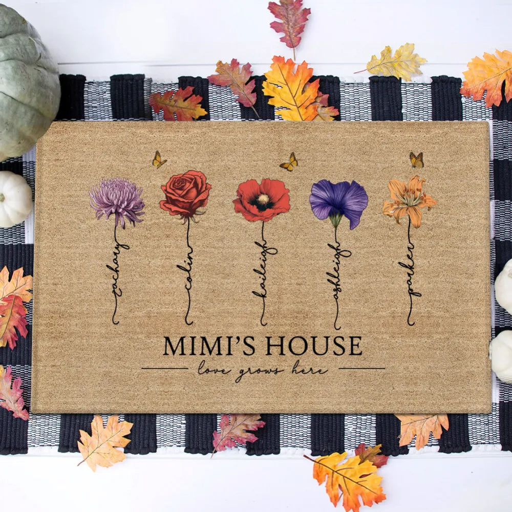 Grandma‘s Garden Love Grows Here Birth Flowers Personalized Name Doormat, Mother's Day Gift