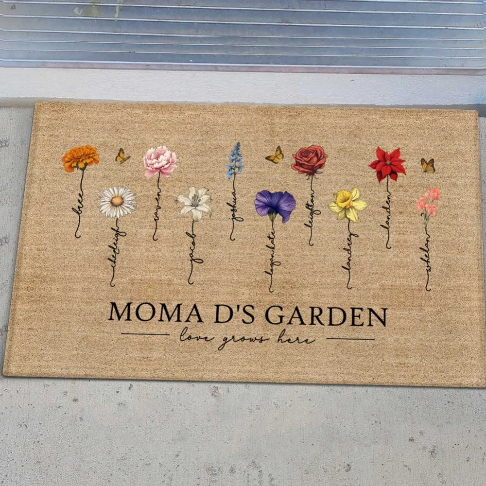Grandma‘s Garden Love Grows Here Birth Flowers Personalized Name Doormat, Mother's Day Gift