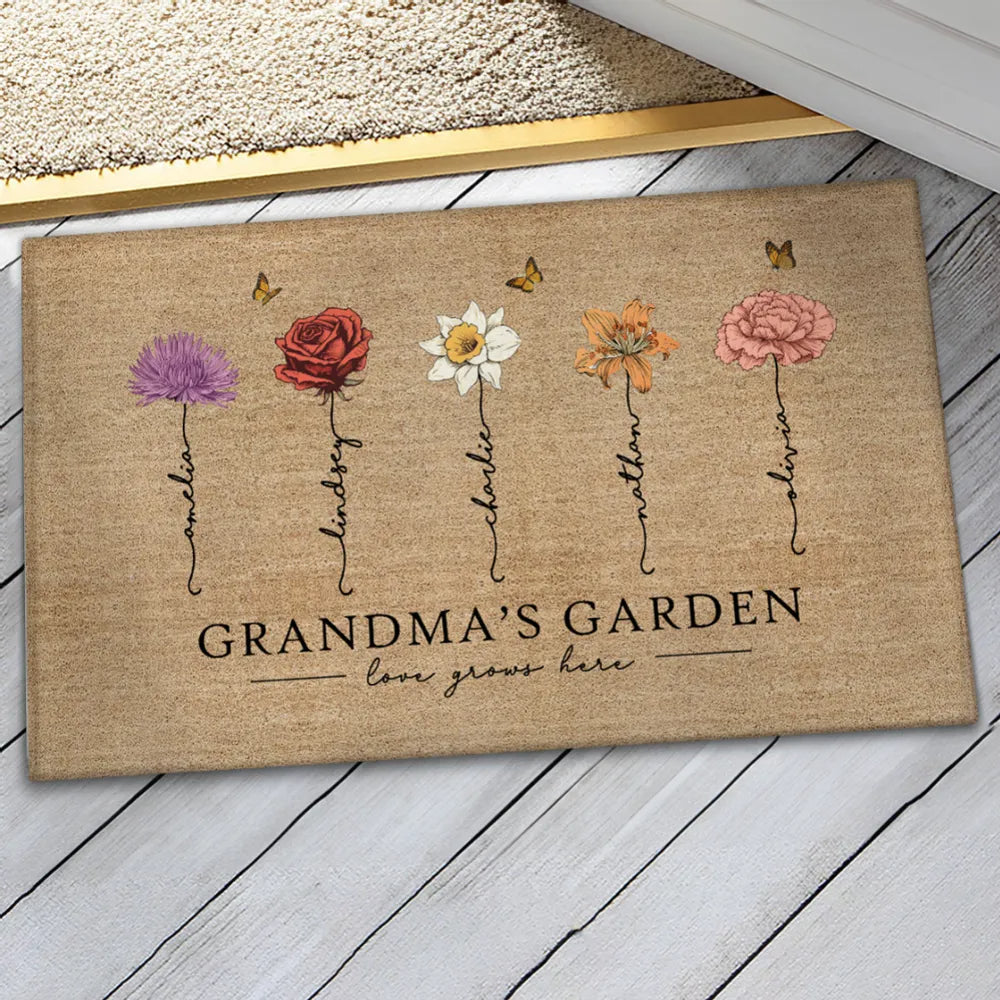Grandma‘s Garden Love Grows Here Birth Flowers Personalized Name Doormat, Mother's Day Gift