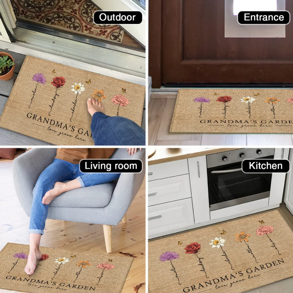 Grandma‘s Garden Love Grows Here Birth Flowers Personalized Name Doormat, Mother's Day Gift
