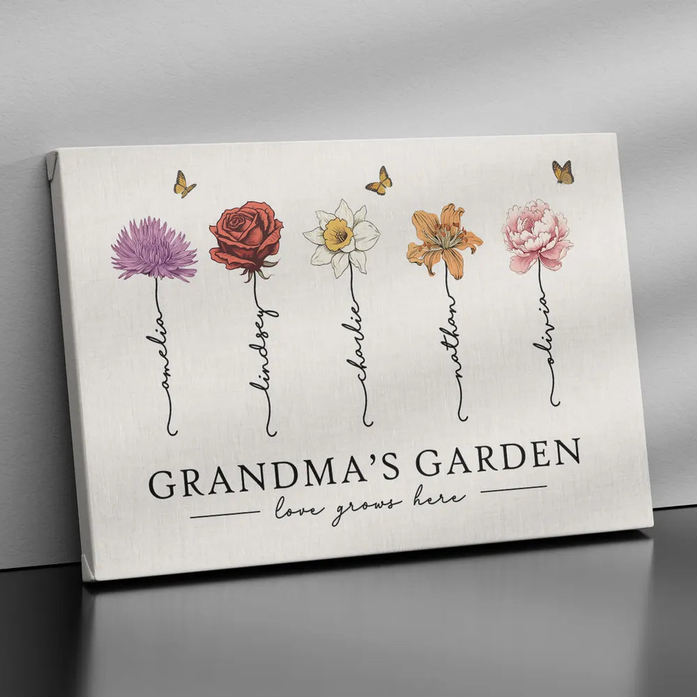 Personalized Grandma‘s Garden Love Grows Here Beautiful Birth Month Flower CANVAS (Customized free)