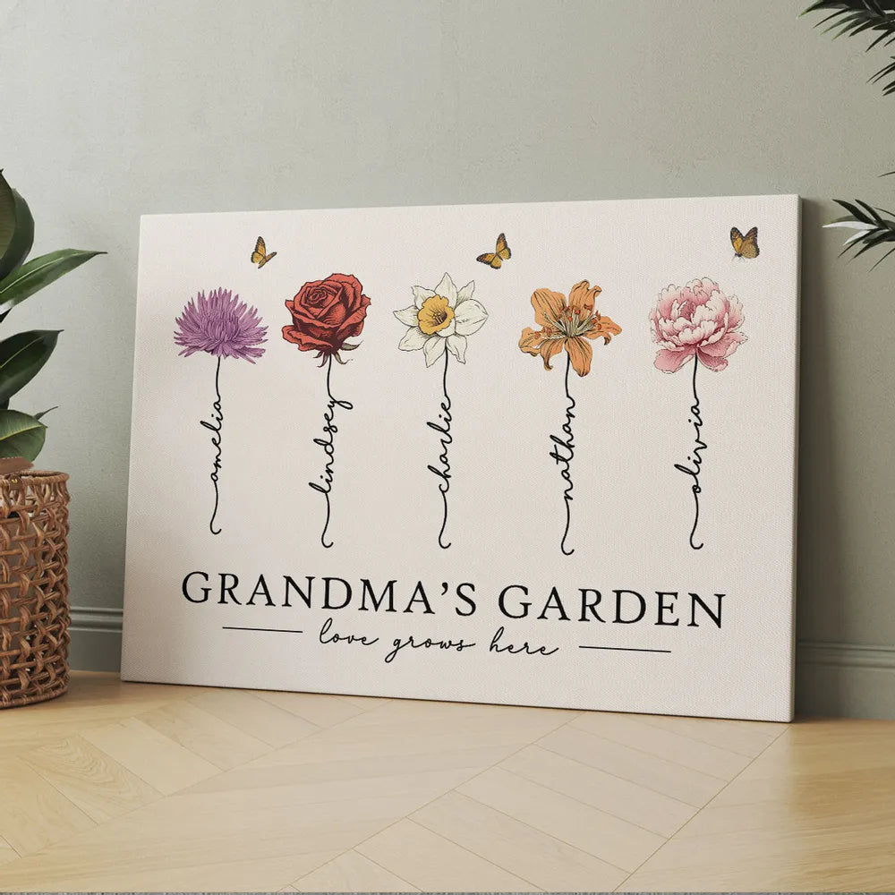 Personalized Grandma‘s Garden Love Grows Here Beautiful Birth Month Flower CANVAS (Customized free)