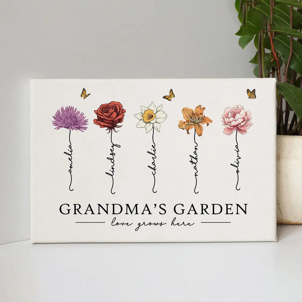 Personalized Grandma‘s Garden Love Grows Here Beautiful Birth Month Flower CANVAS (Customized free)