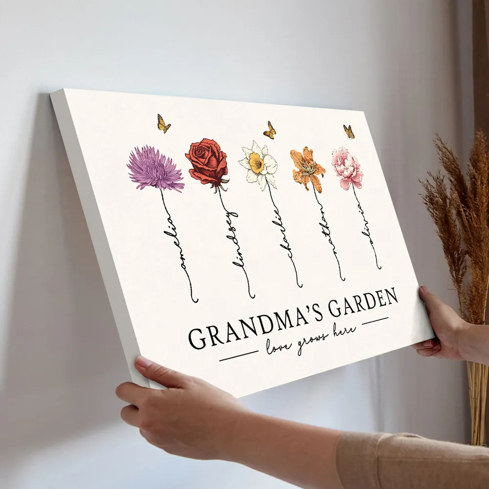 Personalized Grandma‘s Garden Love Grows Here Beautiful Birth Month Flower CANVAS (Customized free)