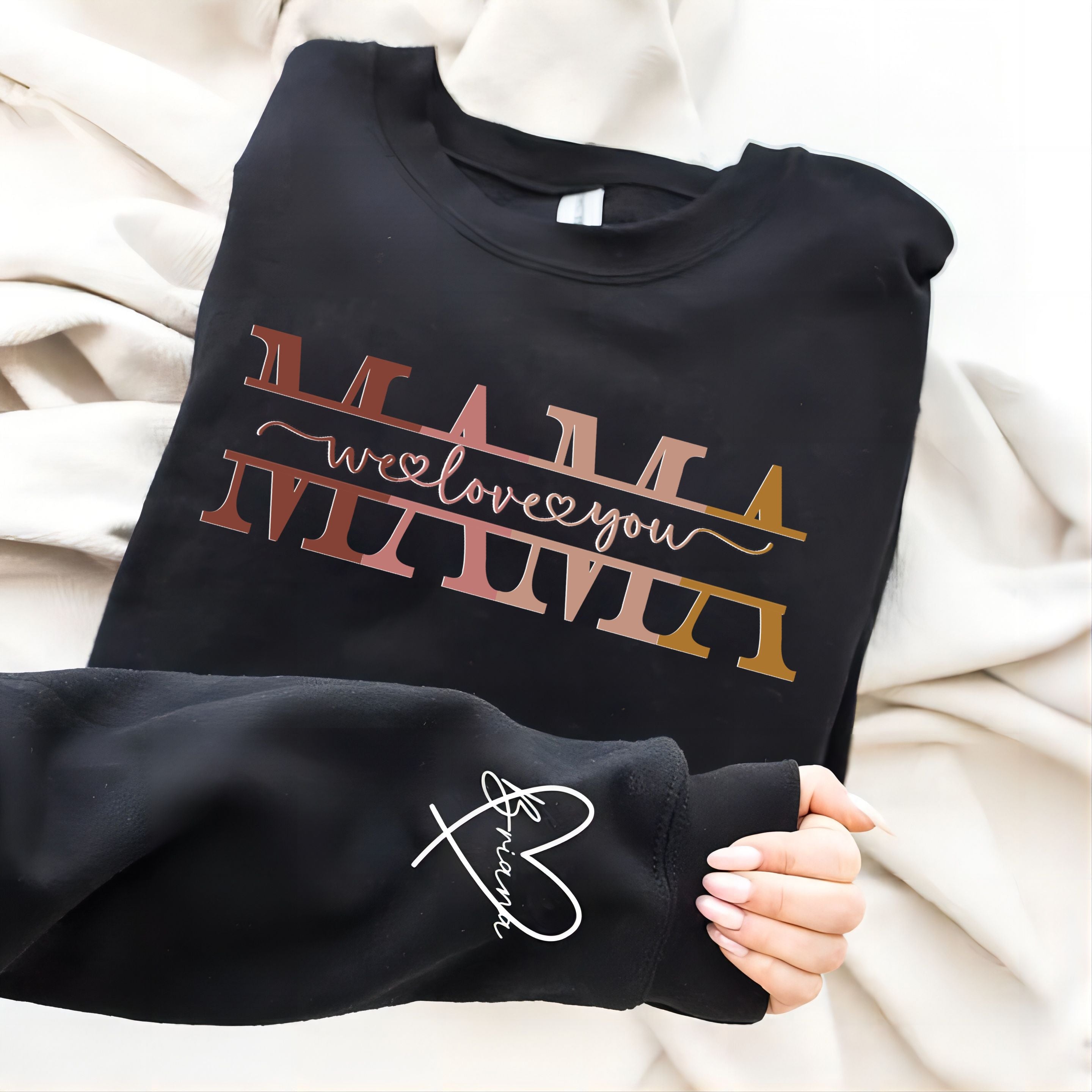 Personalized Wear Heart On Sleeve Mama we love you Sweatshirt with Kid Names on Sleeves-Mother's Day Sale