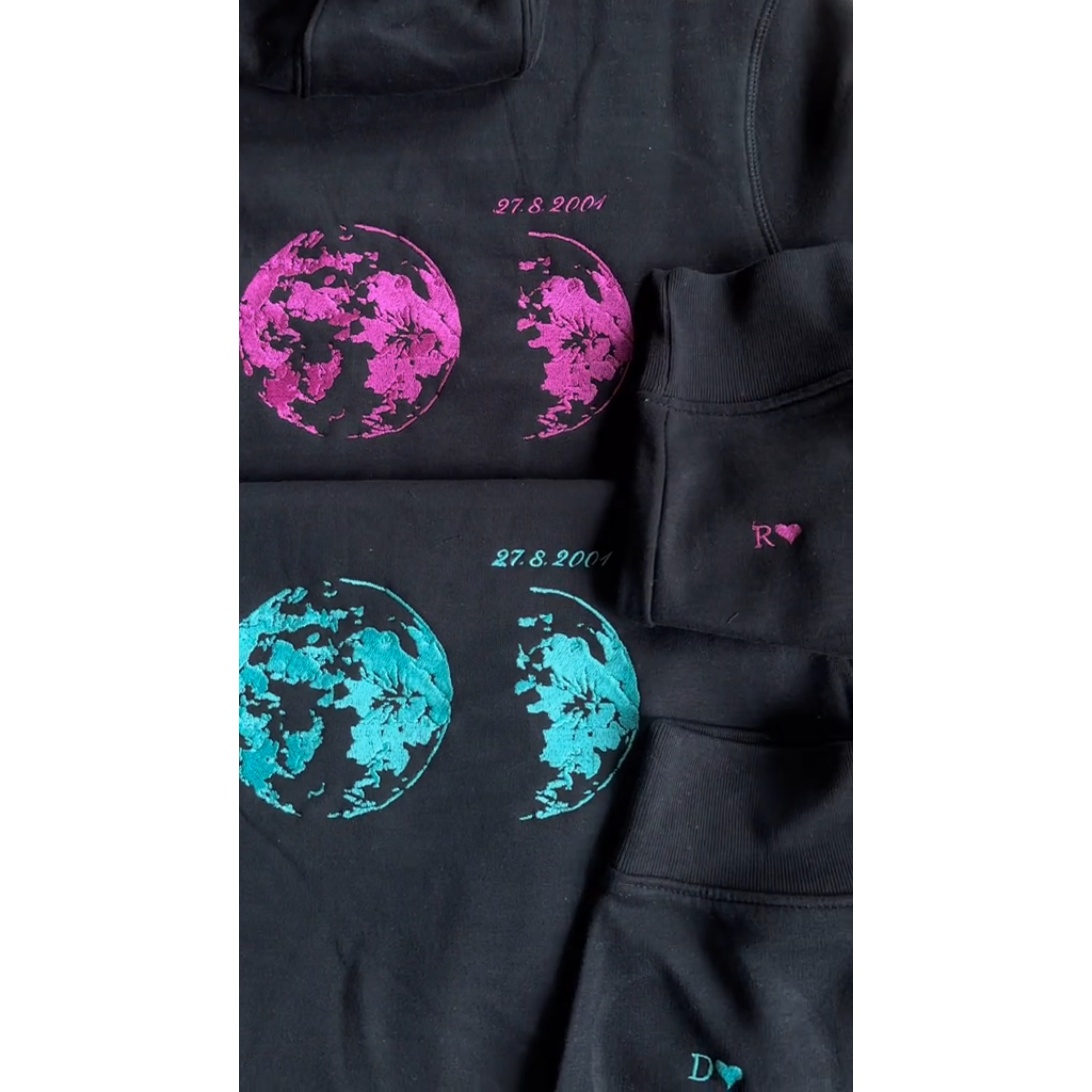 Custom Embroidered Couple Hoodie With Moon & Silhouette Design