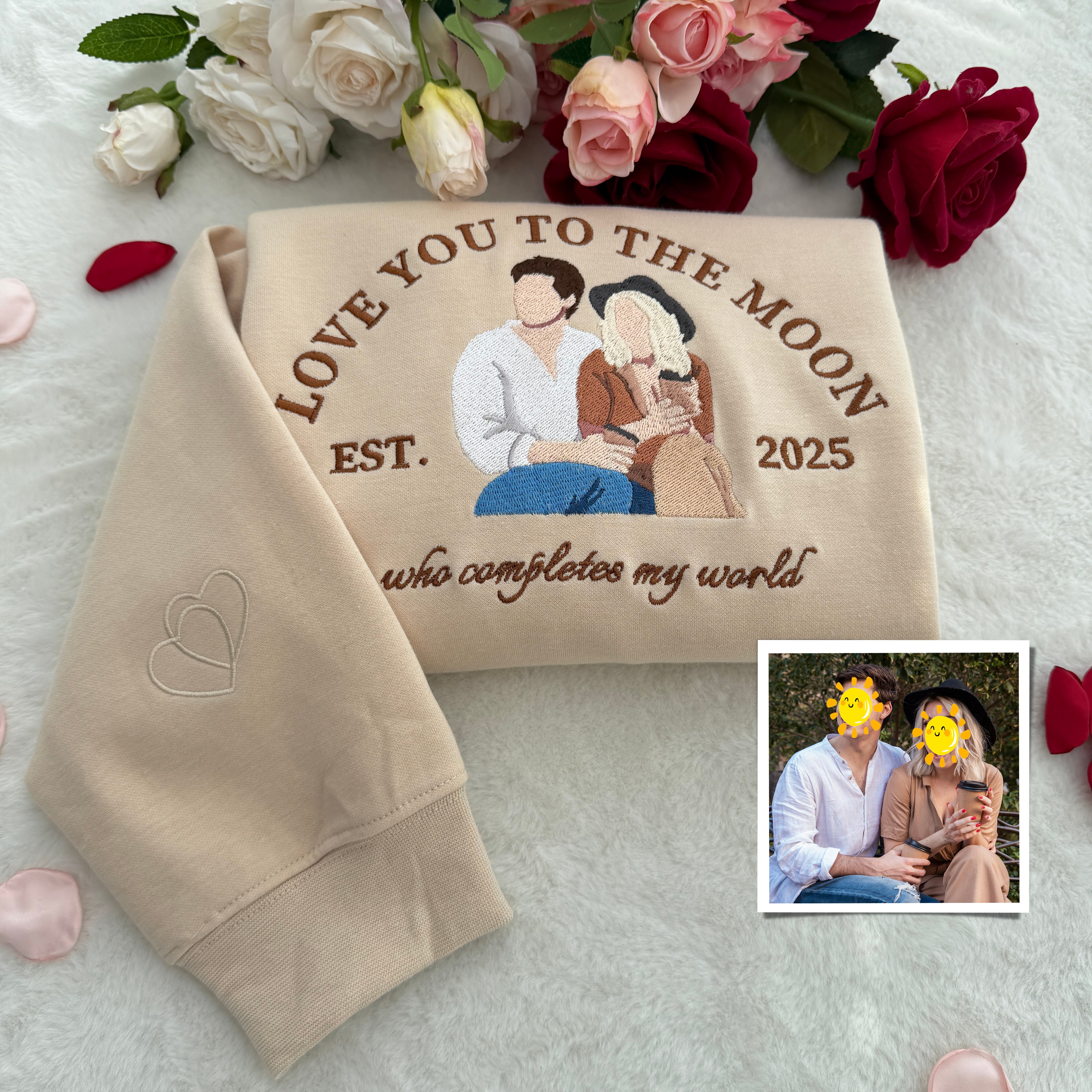 Custom Embroidered Couple Hoodie, Personalized Portrait With Your Text & Date