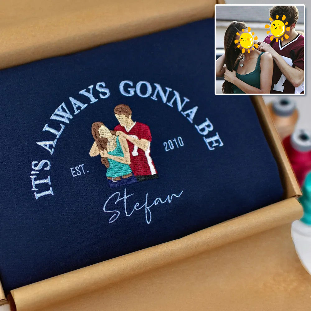 Custom Embroidered Couple Hoodie, Personalized Portrait With Your Text & Date