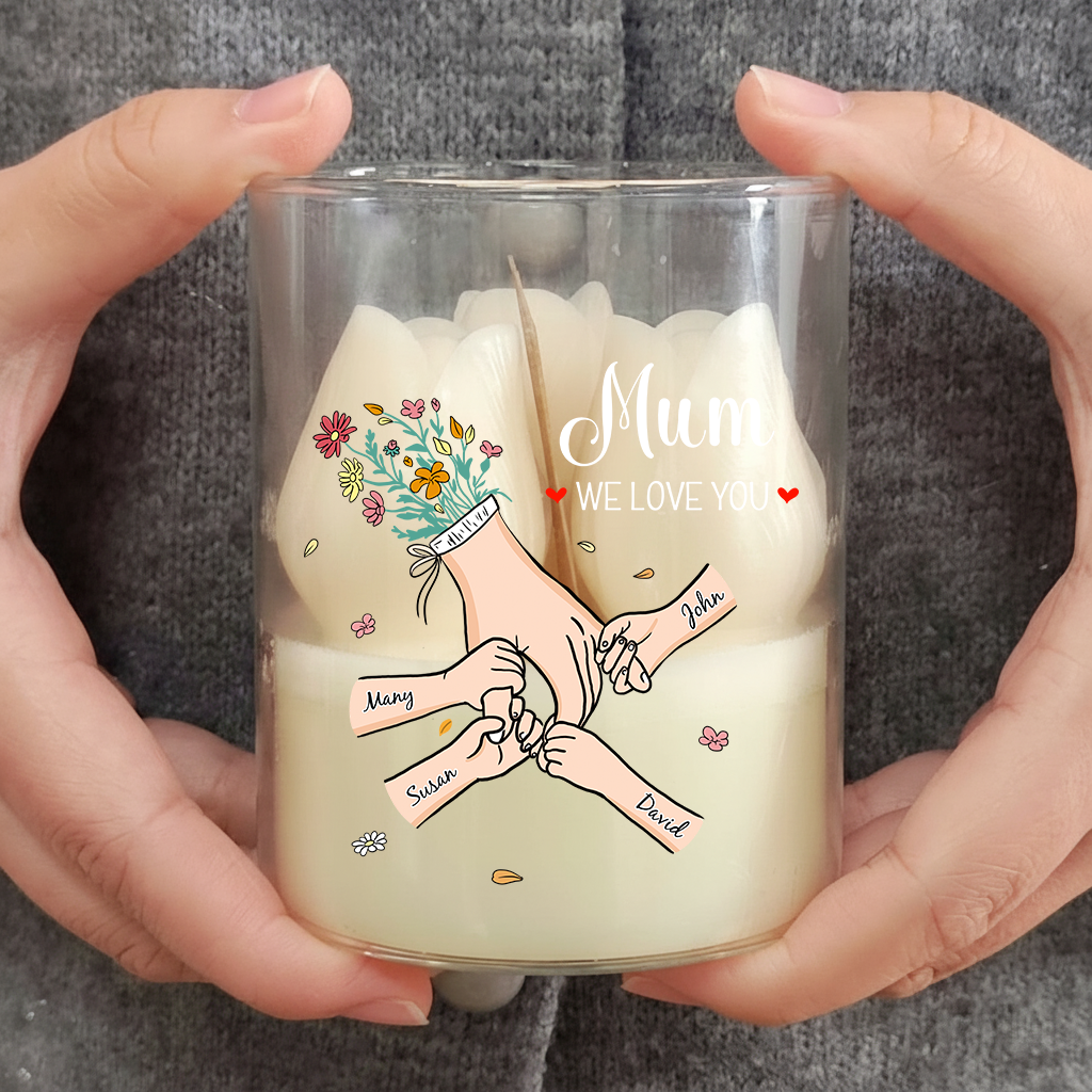 Personalized Floral Soy Wax Candle – Family Hands Design Gift for Mom, Mother’s Day Special