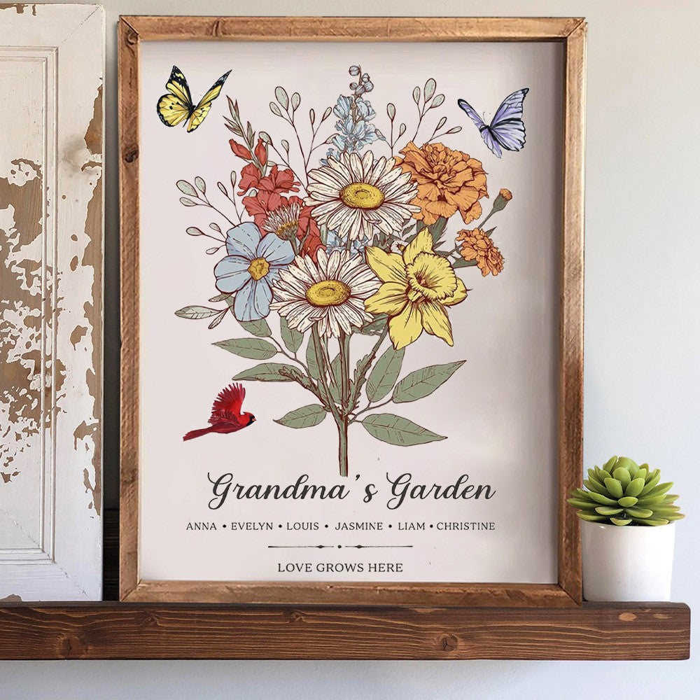 Custom Nana's Garden Birth Flower Bouquet Art Frame with Kids Names Gift for Mom Grandma