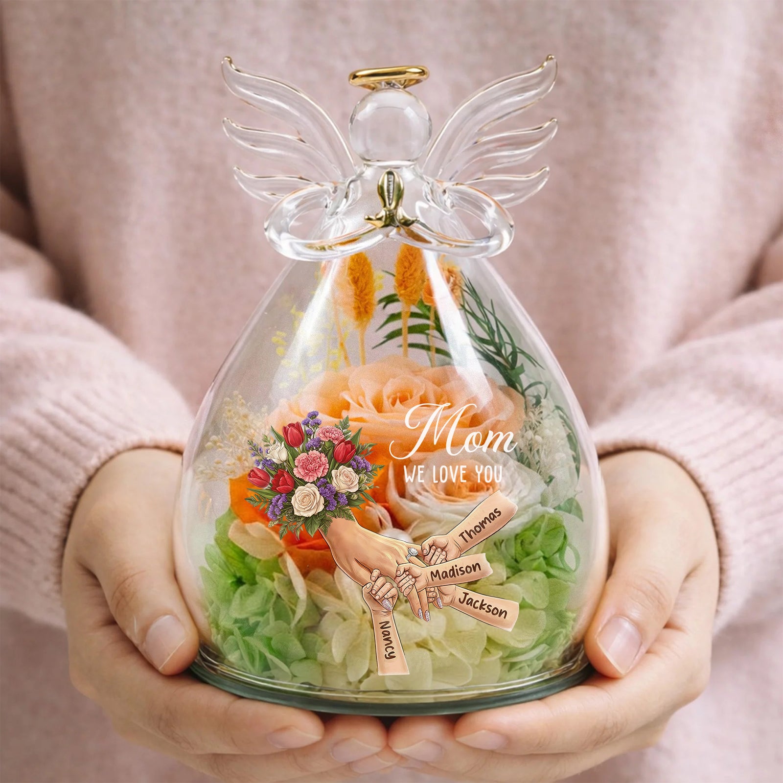 Mommy Holding Hands Personalized Flower In Angel Figurines with Ring & Manicure-Mother's Day Gift